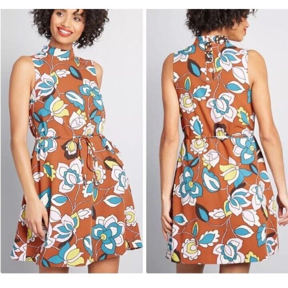 ModCloth XS In With Excitement Brown Floral Mock Neck Dress Retro 70s Sleeveless